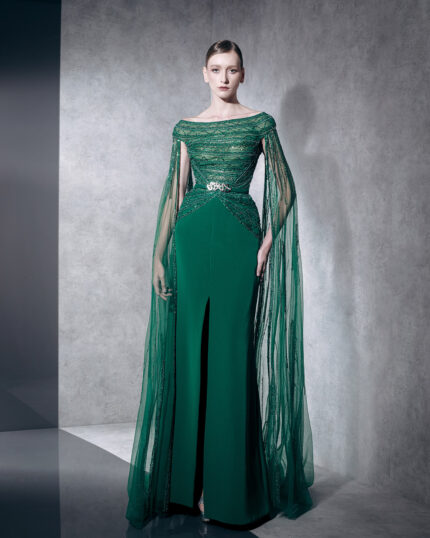 Ziad Nakad Beaded Dress With Cape Sleeve and Slit (1)