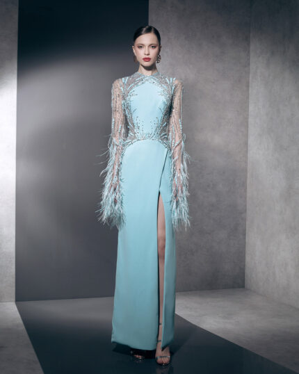 Ziad Nakad Crepe Beaded Dress With Feathers and Slit (1)