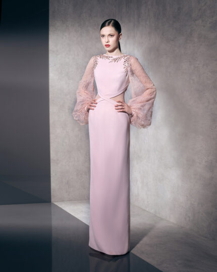 Ziad Nakad Crepe Pink Dress With Lace Sleeve (1)