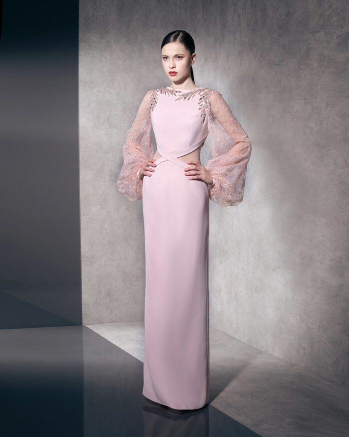 Ziad Nakad Crepe Pink Dress With Lace Sleeve (2)