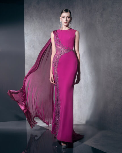 Ziad Nakad Fushia Beaded and Crepe Dress With Muslin (1)