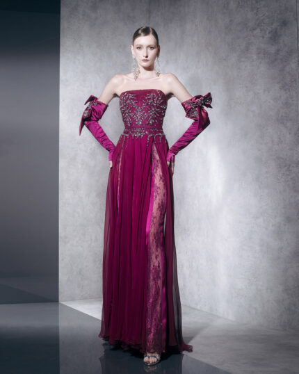 Ziad Nakad Fushia Strapless Beaded Dress With Gloves (1)