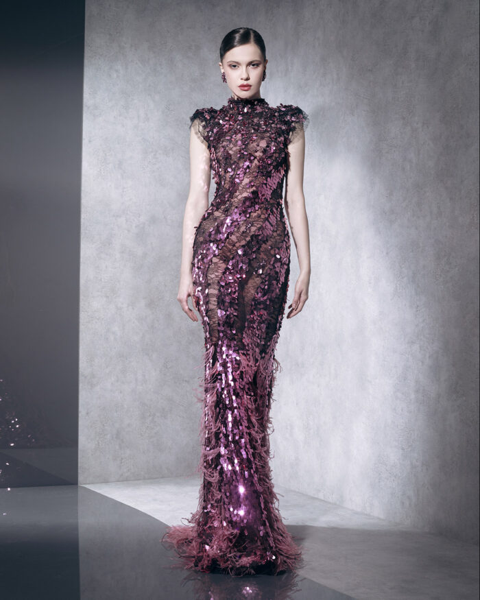 Ziad Nakad High Neck Beaded Dress With Feathers (1)