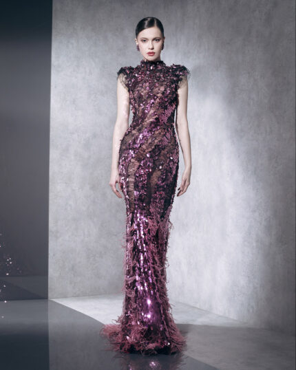 Ziad Nakad High Neck Beaded Dress With Feathers (2)