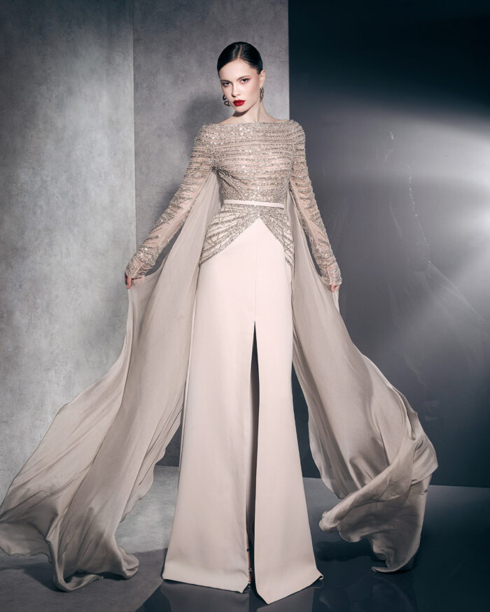 Ziad Nakad High Neck Beaded Dress With Slit and Long Scarves (1)