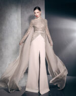 Ziad Nakad High Neck Beaded Dress With Slit and Long Scarves (2)