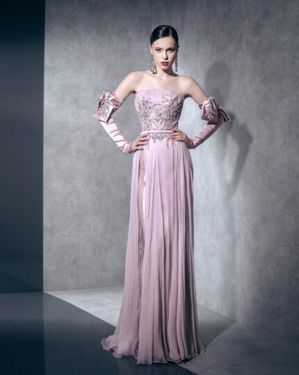 Ziad Nakad Pink Strapless Beaded Dress With Gloves (1)